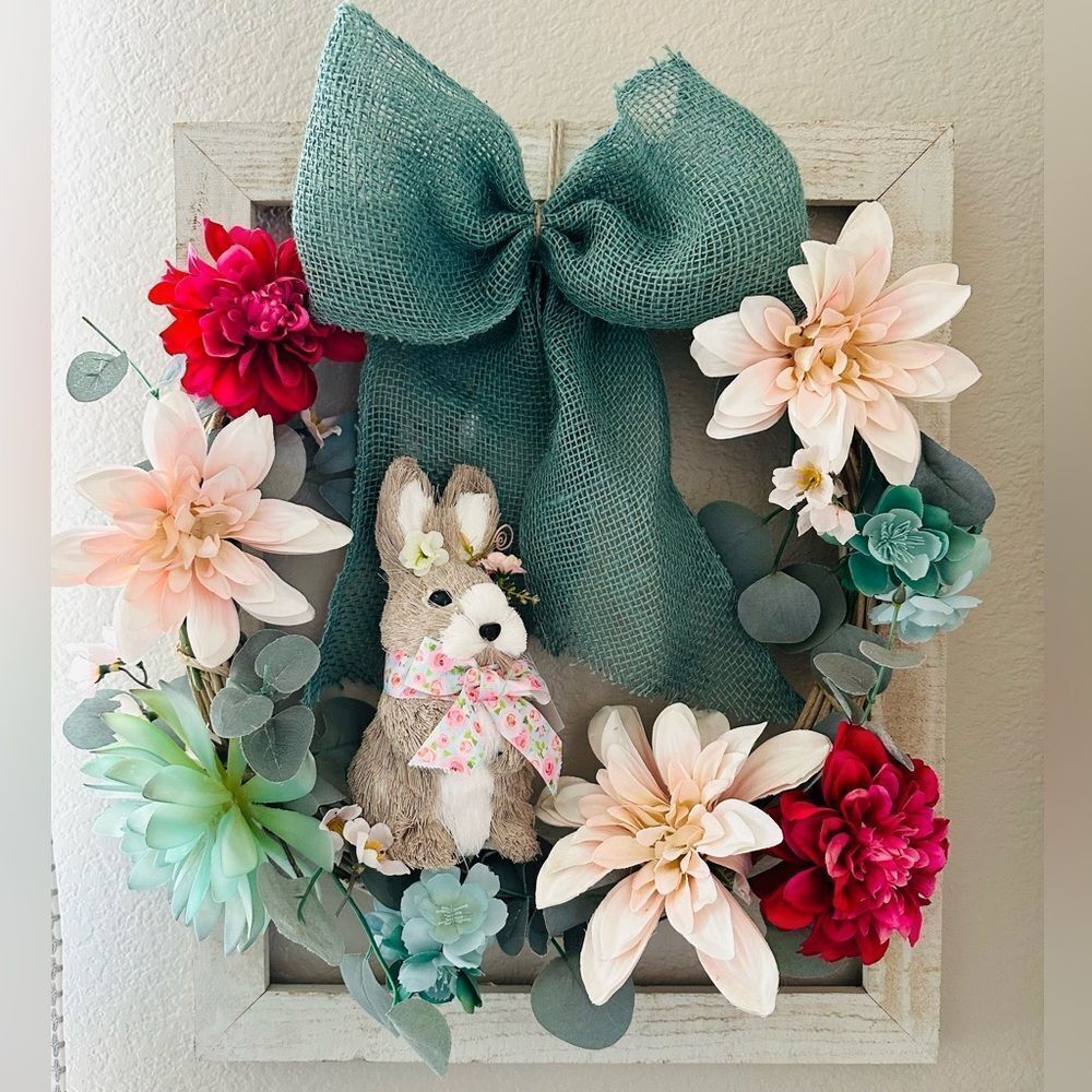 Easter Bunny Spring Farmhouse Floral Rustic Wooden Wreath Wall Decor